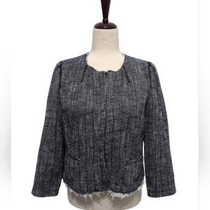 Chico's Black Label Tweed Fringe Jacket Navy Blue Size 1 Medium